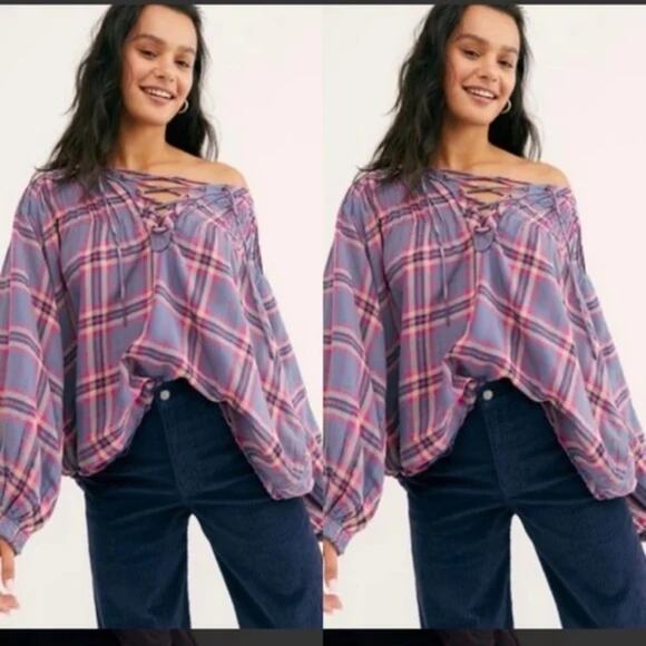 Free People Tops - Free People Cloudbreaker Tunic Top Blouse Plaid Flowy Lace Up Blue Pink Medium